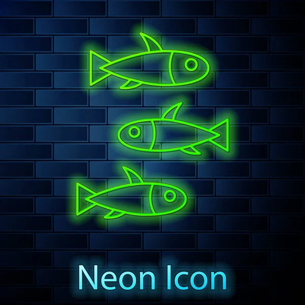 Glowing neon line Fishes icon isolated on brick wall background. Vector. — Stock Vector