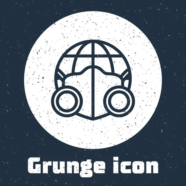 Línea Grunge Globo terrestre con icono de máscara médica aislado sobre fondo gris. Dibujo vintage monocromo. Vector. — Vector de stock