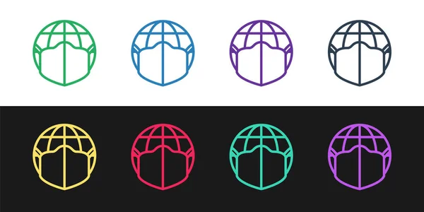 Definir linha globo terrestre com ícone máscara médica isolado em fundo preto e branco. Vetor. — Vetor de Stock