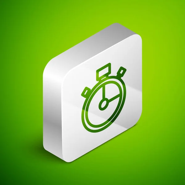 Isometric line Stopwatch icon isolated on green background. Time timer sign. Chronometer sign. Silver square button. Vector — Stock Vector