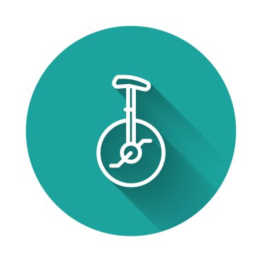 Beyaz çizgili tek tekerlekli bisiklet ya da uzun gölgeli bir bisiklet ikonu. Tekerlekli bisiklet. Yeşil daire düğmesi. Vektör