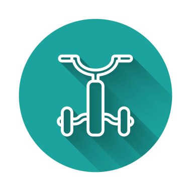 Uzun gölgeli izole edilmiş çocuk ikonu için beyaz çizgi bisiklet. Yeşil daire düğmesi. Vektör