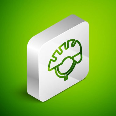 Isometric hat bisiklet başlığı simgesi yeşil arkaplanda izole edildi. Olağanüstü bir spor. Spor malzemeleri. Gümüş kare düğme. Vektör