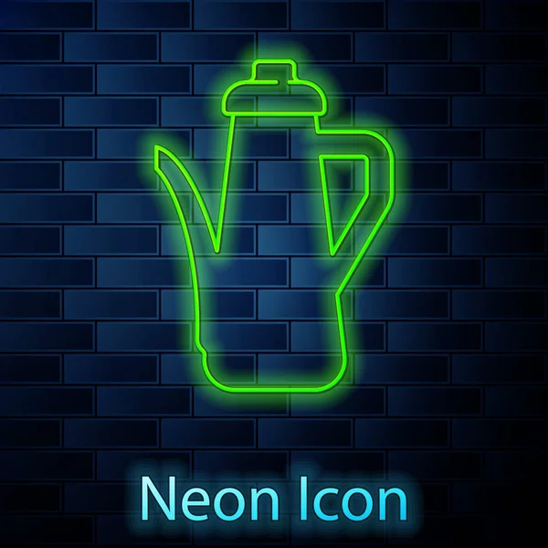 Gloeiende neon lijn Theepot pictogram geïsoleerd op bakstenen muur achtergrond. Vector — Stockvector