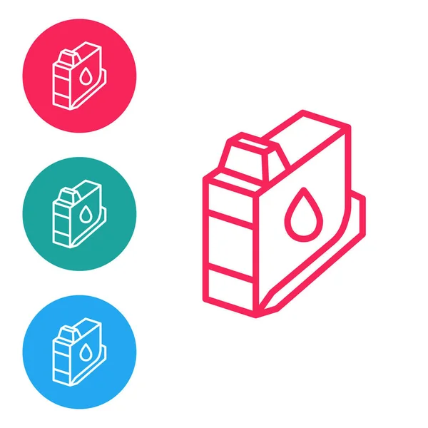 Kırmızı çizgi yazıcı mürekkep kartuşu simgesi beyaz arkaplanda izole edildi. Simgeleri daire düğmelerine ayır. Vektör