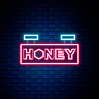 Duvarda izole edilmiş bal peteği ile parlayan neon hattı asma işareti. İmza simgesi. Bal hücrelerinin sembolü. Tatlı doğal yemek. Renkli taslak konsepti. Vektör