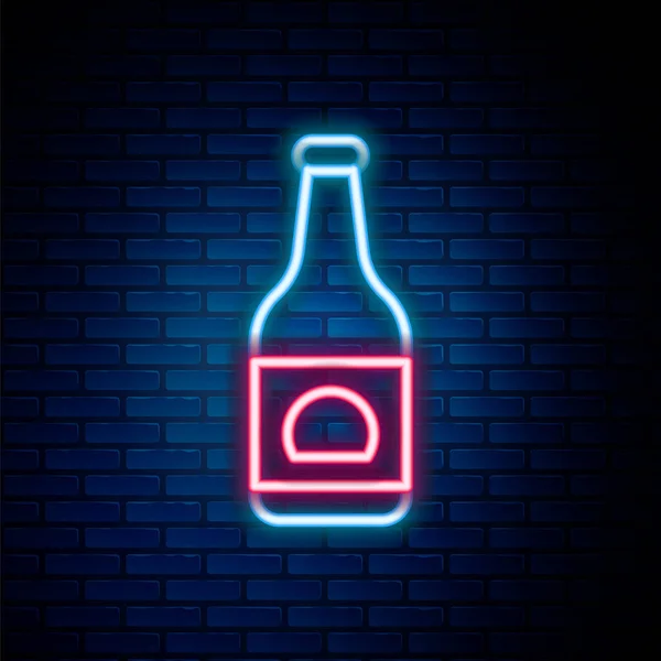 Λαμπερό νέον γραμμή μπουκάλι μπύρα εικονίδιο απομονώνονται σε τούβλο τοίχο φόντο. Πολύχρωμο περίγραμμα έννοια. Διάνυσμα — Διανυσματικό Αρχείο