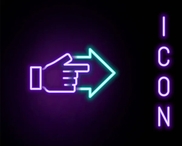 Gloeiende neon lijn Hand met wijzende vinger met pijl pictogram geïsoleerd op zwarte achtergrond. Zakelijke visie en doel. Concept business finance, karakter, leider. Kleurrijk concept. Vector — Stockvector