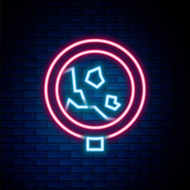 Glowing neon line Road sign warning avalanche rockfall landslides icon isolated on brick wall background. Traffic rules and safe driving. Colorful outline concept. Vector