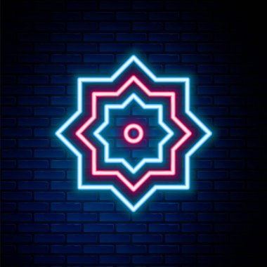 Glowing neon line Islamic octagonal star ornament icon isolated on brick wall background. Colorful outline concept. Vector