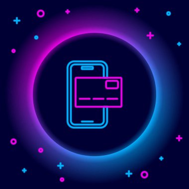 Parlayan neon hattı Mobil bankacılık simgesi siyah arkaplanda izole edildi. Cep telefonu ekranına cep telefonu bankacılığı yoluyla para aktar. Renkli taslak konsepti. Vektör