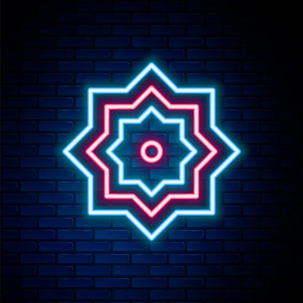 Linea al neon incandescente icona dell'ornamento a stella ottagonale islamica isolata su sfondo muro di mattoni. Concetto di contorno colorato. Vettore — Vettoriale Stock