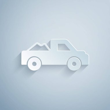 Kağıt kesiği kamyonet simgesi gri arka planda izole edilmiş. Kağıt sanatı tarzı. Vektör