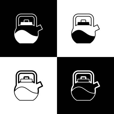 Kettle 'ı siyah beyaz arkaplanda izole edilmiş bir simgeyle ayarla. Çaydanlık ikonu. Vektör