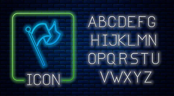 Иконка светящегося неонового флага выделена на фоне кирпичной стены. Победа, победа и победа над концепцией невзгод. Неоновый легкий алфавит. Вектор — стоковый вектор