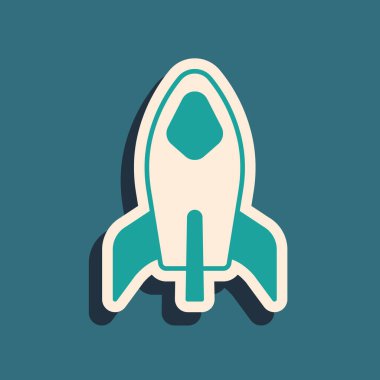 Yeşil Roket gemisi simgesi yeşil arkaplanda izole edildi. Uzay yolculuğu. Uzun gölge tarzı. Vektör