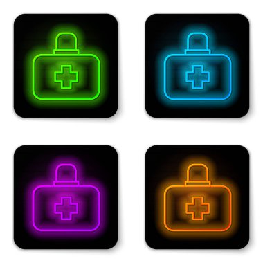 Parlayan neon hattı ilk yardım çantası simgesi beyaz arkaplanda izole edildi. Haçlı sağlık kutusu. Acil durumlar için tıbbi ekipman. Sağlık sigortası konsepti. Siyah kare düğme. Vektör