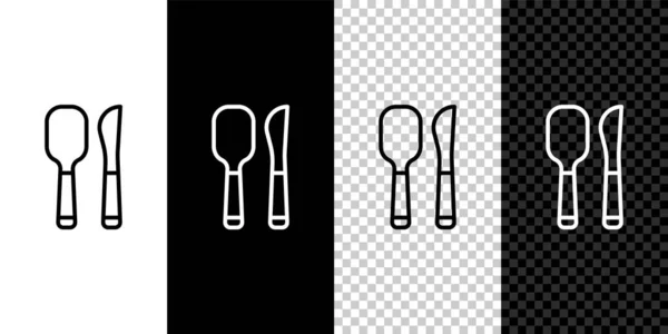 Establecer línea Cuchillo y cuchara icono aislado en blanco y negro, fondo transparente. Utensil de cocina. Signo de cubertería. Vector — Archivo Imágenes Vectoriales