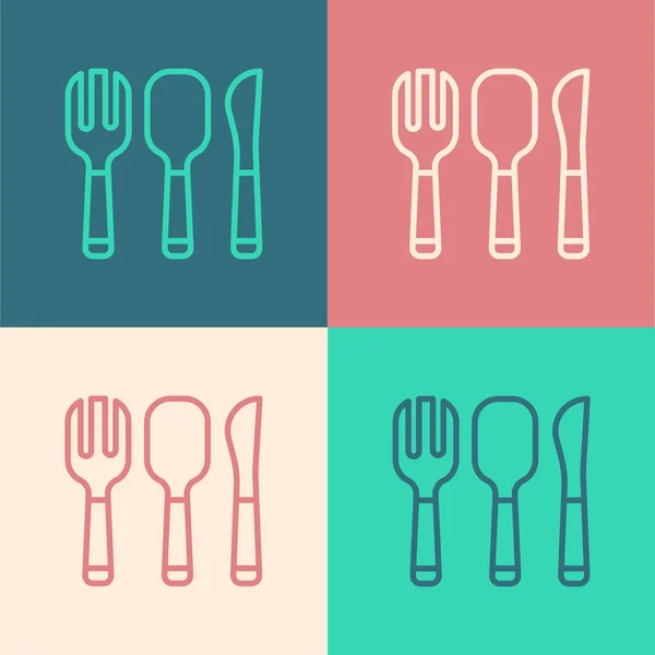 Pop art line Fork, spoon and knife icon isolated on color background. Cooking utensil. Cutlery sign. Vector — Stok Vektör