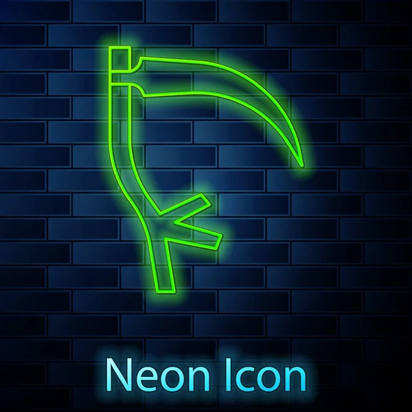 Ragyogó neon vonal Scythe ikon elszigetelt téglafal háttér. Boldog Halloween partit! Vektor — Stock Vector