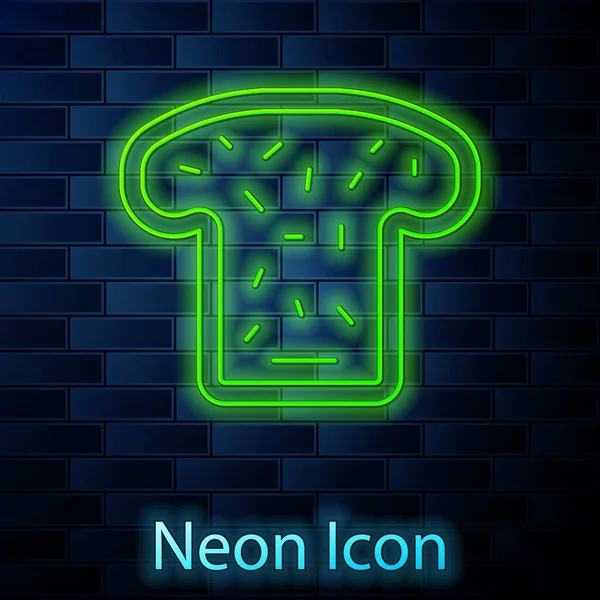 Gloeiende neon lijn Broodtoast voor broodje geroosterd crouton icoon geïsoleerd op bakstenen muur achtergrond. Lunch, diner, ontbijt snack. Vector — Stockvector