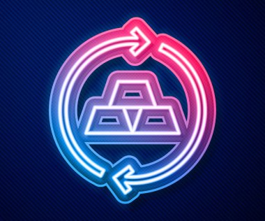 Parlayan neon çizgisi mavi arkaplanda izole edilmiş altın çubuk simgesi. Bankacılık işi konsepti. Vektör