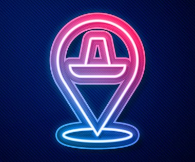 Parlayan neon hattı mavi arka planda izole edilmiş geleneksel Meksika sombrero şapka ikonu. Vektör