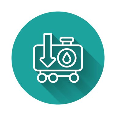 Beyaz çizgi, ham petrol fiyat simgesinde uzun gölgeli izole edilmiş bir şekilde düşer. Petrol endüstrisi krizi konsepti. Yeşil daire düğmesi. Vektör
