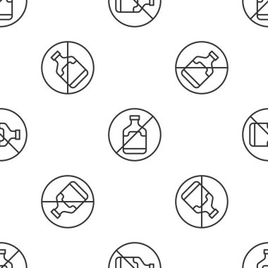 Gri çizgi. Alkol ikonu yok. Beyaz arka planda kusursuz desen var. Alkol içmeyi yasaklıyorum. Bira şişesi camlı yasak sembol. Vektör