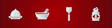 Set Pudding custard, Mortar and pestle, Spatula and Jar of sugar icon. Vector