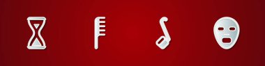 Set Sauna hourglass, Hairbrush, ladle and Facial cosmetic mask icon. Vector