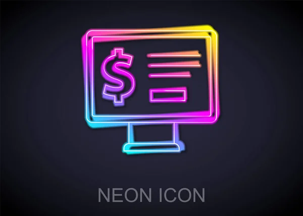 Świecący neon Monitor z ikoną dolara odizolowany na czarnym tle. Wysyłanie pieniędzy na cały świat, przelewy pieniężne, bankowość internetowa, transakcje finansowe. Wektor — Wektor stockowy