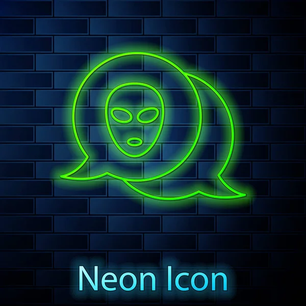 Linha de néon brilhante ícone alienígena isolado no fundo da parede de tijolo. Extraterrestre rosto ou cabeça símbolo alienígena. Vetor — Vetor de Stock