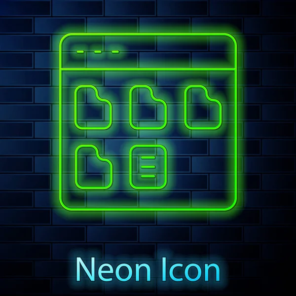 Gloeiende neon lijn Browser bestanden pictogram geïsoleerd op baksteen muur achtergrond. Vector — Stockvector