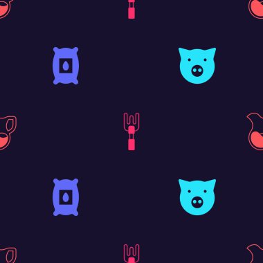 Set Pig, Pack full of seeds of plant, Garden rake and Jug glass with milk on seamless pattern. Vector
