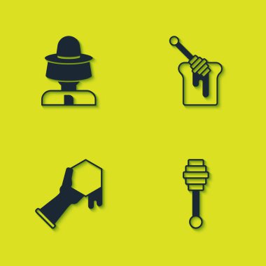 Set Beekeeper with protect hat, Honey dipper stick, Honeycomb and hand and honey icon. Vector