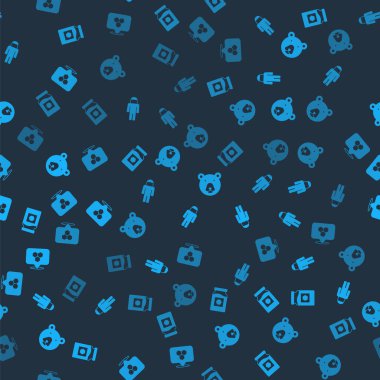 Set Jar of honey, Beekeeper with protect hat, Bear head and Honeycomb bee location on seamless pattern. Vector