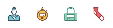 Set Baseball coach, Stopwatch, Sport bag and sock icon. Vector