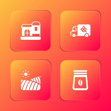 Set Farm house, Flour truck, Agriculture wheat field and Bag of coffee beans icon. Vector