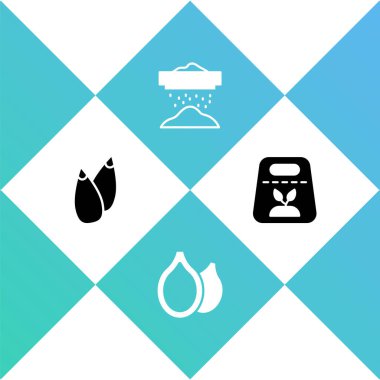 Set Seed, Pumpkin seeds, Sifting flour and Pack full of of plant icon. Vector