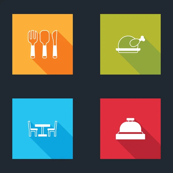 集叉子，勺子和刀，烤火鸡，木制餐桌与椅子和酒店服务铃图标。B.病媒 — 图库矢量图片