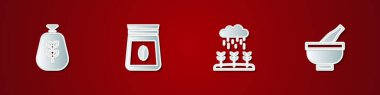 Set Bag of flour, coffee beans, Plant sprouts grow in the rain and Mortar and pestle icon. Vector