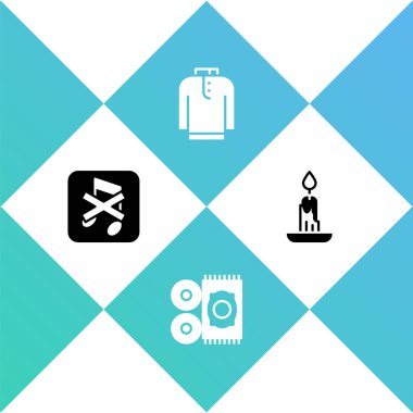 Set Speaker mute, Traditional carpet, Shirt kurta and Burning candle icon. Vector