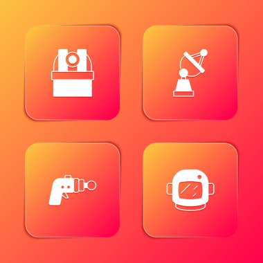 Astronomik gözlemevi, uydu anteni, ışın tabancası ve astronot miğferi simgesini ayarla. Vektör