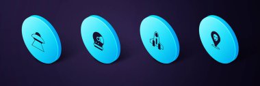 Isometric Alien, Roket gemisi, astronot miğferi ve UFO uçan uzay gemisi simgesini ayarlayın. Vektör