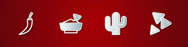 Set de vaina de chile picante, Nachos en cuenco, Cactus e icono. Vector — Vector de stock