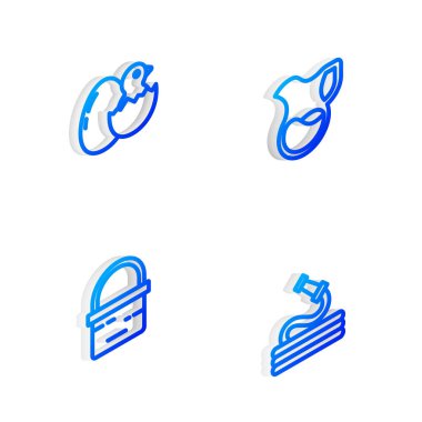 Isometric hattı sütle sürahi bardağını, yumurtanın içindeki küçük civcivi, sepet ve bahçe hortumu ikonunu hazırla. Vektör