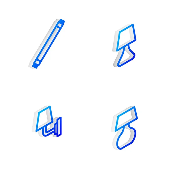 Set Isometrische Linie Tischleuchte, Leuchtstofflampe, Wandleuchte und Symbol. Vektor — Stockvektor