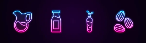 Zestaw szklany dzbanek z mlekiem, butelką, marchewką i nasionami. Świecąca neonowa ikona. Wektor — Wektor stockowy