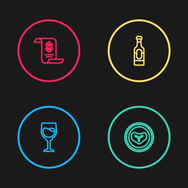 Çizgi şarap kadehi, tabak, şişe ve kağıt ya da finansal çek ikonu. Vektör